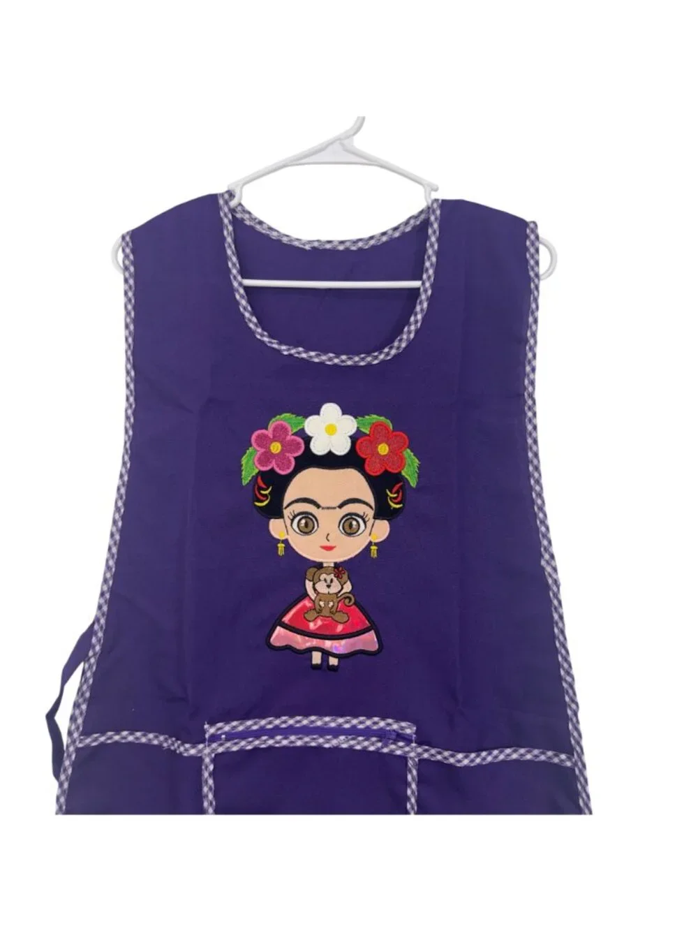 Apron Women Purple Embroidered Frida Design Front Pocket Gingham Trim One Size